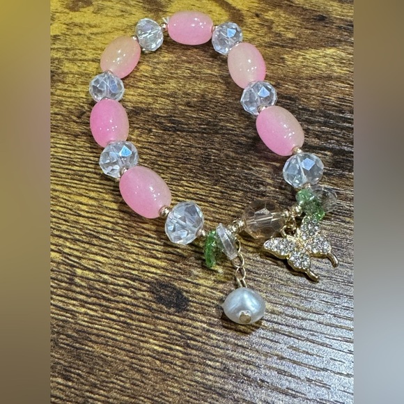 Pink and Green Beaded Bracelet with Butterfly Charm - Picture 3 of 4